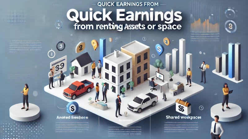 A professional, modern graphic with the title 'Quick Earnings From Renting Out Assets Or Space' in bold, readable text.