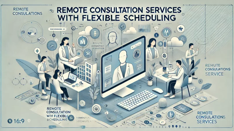 A professional and modern design for a 'Remote Consultation Services with Flexible Scheduling' banner with a 16:9 aspect ratio.