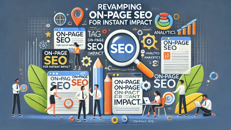 A modern, professional 16:9 image featuring a bold headline 'Revamping On-Page SEO For Instant Impact' in a clean, readable font that stands out.