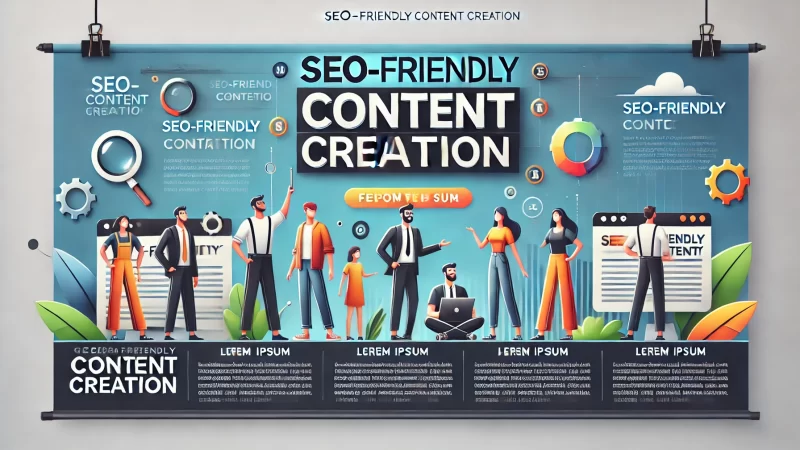 A modern and professional layout for a banner titled 'SEO-Friendly Content Creation.' 