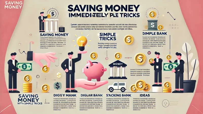 A modern and professional layout for an infographic titled 'Saving Money Immediately With Simple Tricks.' 