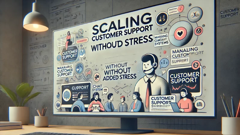 A modern, professional digital banner with a clean color scheme focused on a bold headline: 'Scaling Customer Support Without Added Stress.' 