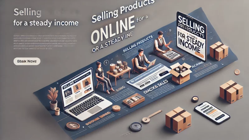 A professional, modern digital banner with the bold heading: 'Selling Products Online For A Steady Income.'