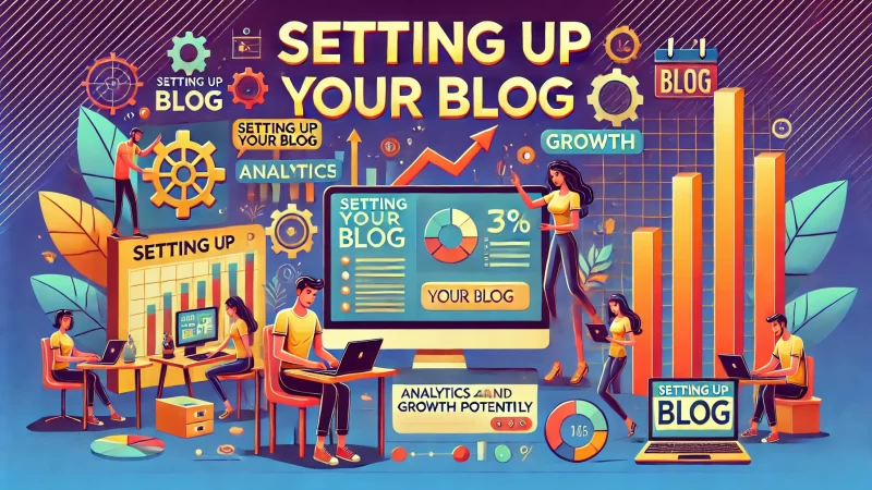 A vibrant, professional blog image with the text 'Setting Up Your Blog' prominently displayed in bold fonts. 