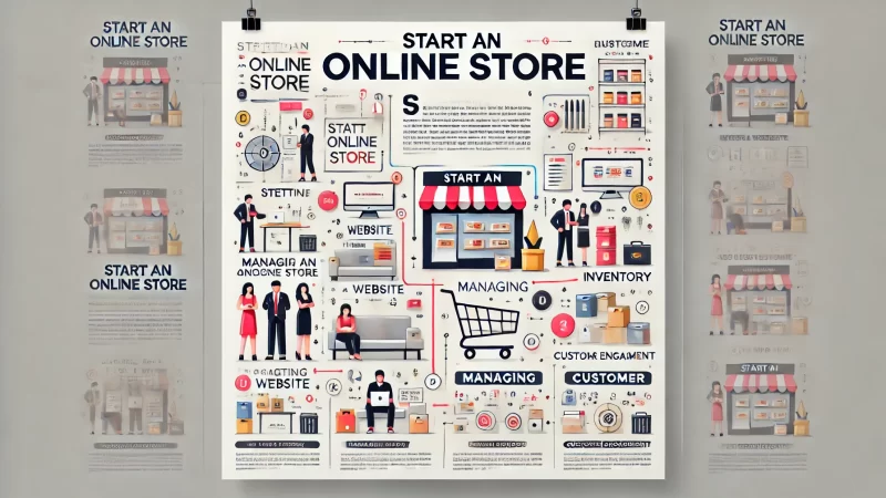 A professional, clean layout for an infographic titled 'Start An Online Store.'