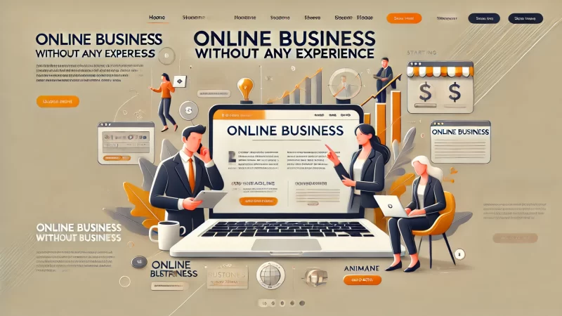 A professional, modern, and clean layout with a bold headline that reads 'Online Business Without Any Experience'.