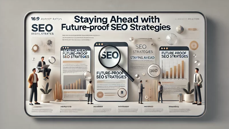 A professional, modern 16:9 aspect ratio digital banner with the heading 'Staying Ahead With Future-Proof SEO Strategies' in bold, highly readable font. 