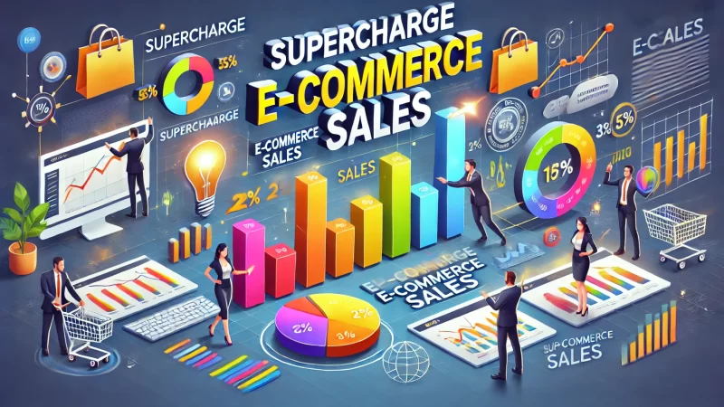 A dynamic and engaging image with bold fonts clearly displaying the text 'Supercharge E-Commerce Sales'.