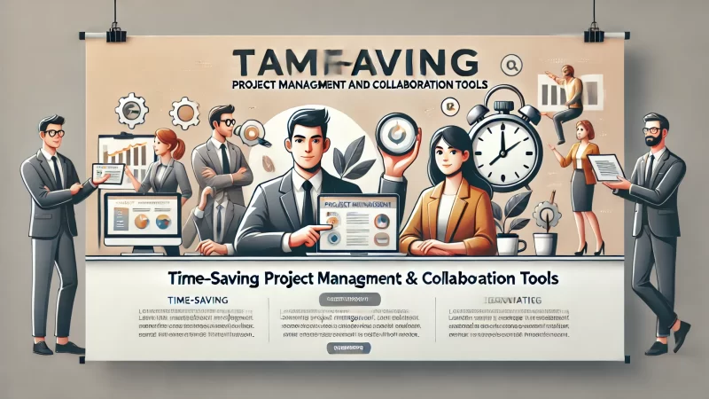 A clean, modern banner image with a professional layout titled 'Time-Saving Project Management And Collaboration Tools' in bold, high-contrast, legible font to capture attention.