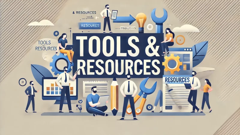 A professional, modern image with the heading 'Tools And Resources' in bold, clear, and prominent text.