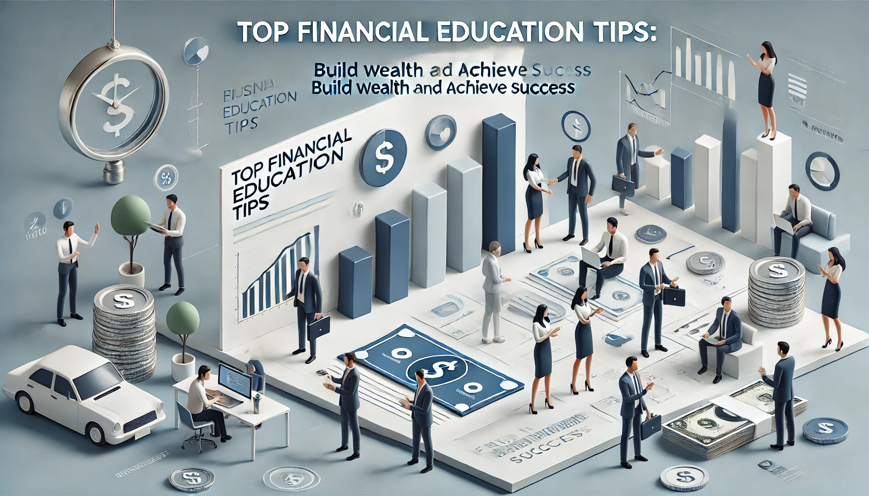 A sleek and professional design with a minimalist layout, featuring a bold headline that reads 'Top Financial Education Tips: Build Wealth and Achieve Success.'