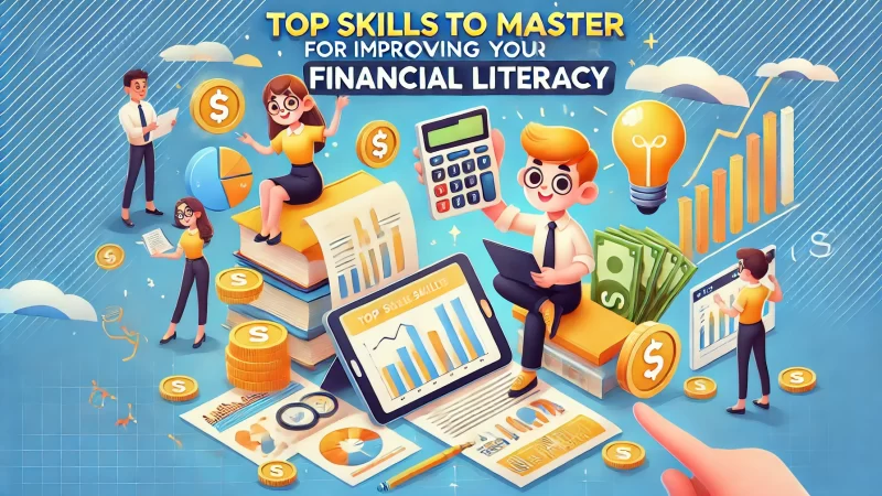 An educational image designed in 16_9 aspect ratio with the text 'Top Skills to Master for Improving Your Financial Literacy' displayed clearly.