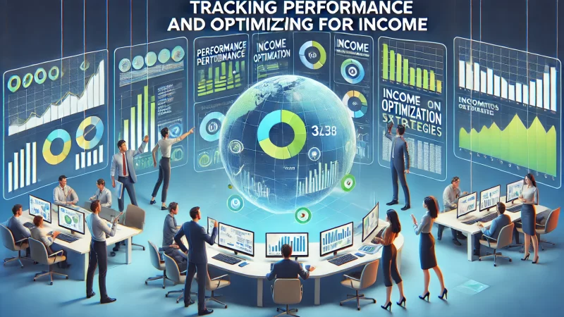 A vibrant and professional image with the text 'Tracking Performance And Optimizing For Income' displayed in bold, clear fonts. 