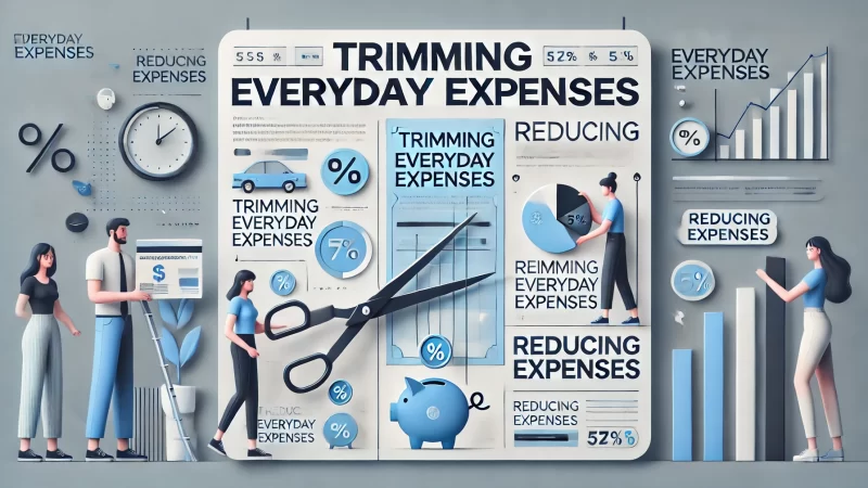 A modern, clean infographic with a bold headline 'Trimming Everyday Expenses'.