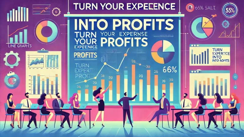 A vibrant and professional image with bold fonts clearly displaying the text 'Turn Your Expertise Into Profits'.