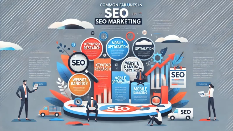 A modern, professional infographic layout titled 'Common Failures in SEO Marketing' with a bold and readable headline.