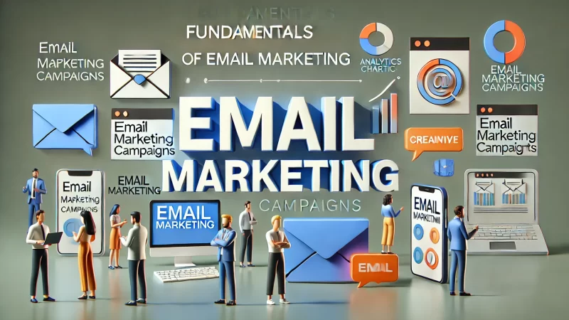 A clean, modern image with a bold headline that reads 'Fundamentals of Email Marketing Campaigns.' 