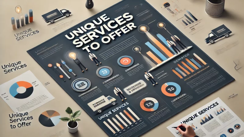 A professional, modern design featuring a bold headline that says 'Unique Services to Offer.'