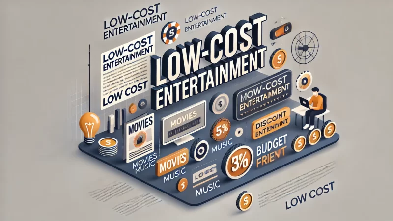 A modern, informative graphic titled 'Low-Cost Entertainment' with bold, readable text and a clean layout.