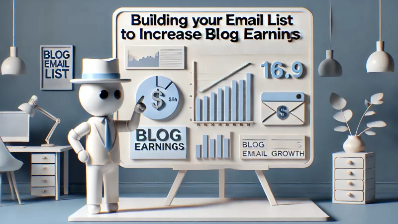 3D image with an animated character focusing on building an email list to increase blog earnings.