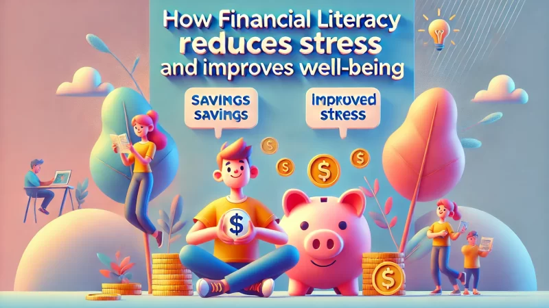 A vibrant and engaging scene showing animated characters representing financial literacy and well-being. 