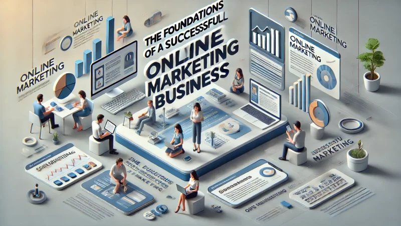 A modern and professional image with a 16:9 aspect ratio. The headline 'The Foundations of a Successful Online Marketing Business' is bold, clear, and stands out at the top. 