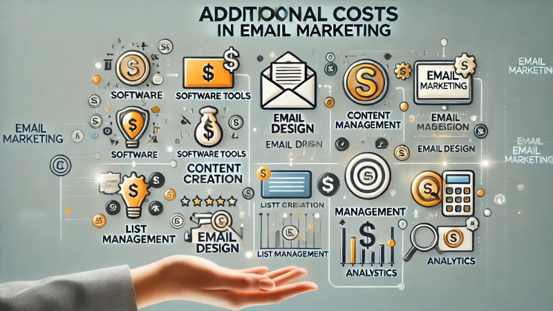 An image depicting various additional costs in email marketing, with icons and symbols representing expenses such as software tools, email design, content creation, list management, and analytics.