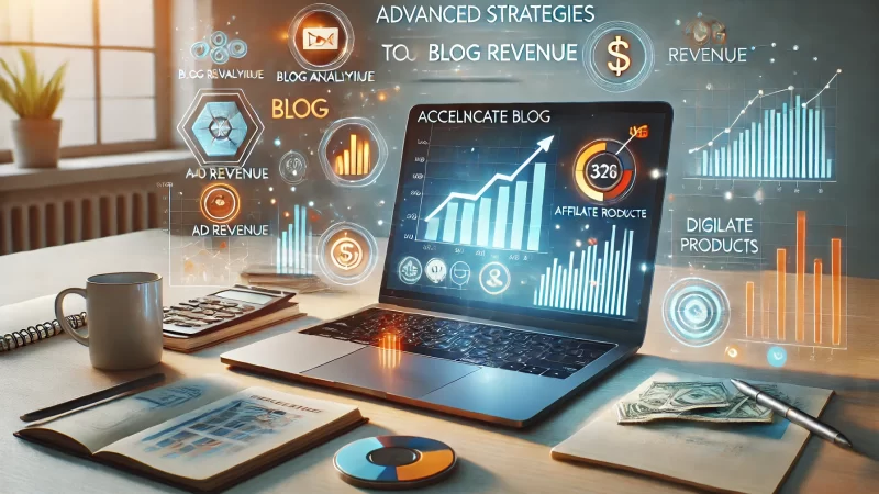 A visually engaging 16:9 image showcasing advanced strategies to accelerate blog revenue.