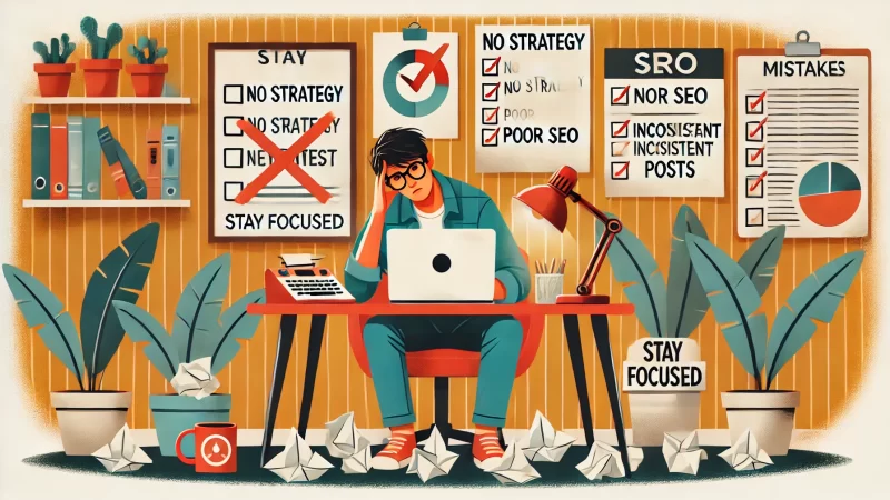 A visually engaging illustration of a blogger sitting at a desk, looking frustrated while working on a laptop, surrounded by crumpled papers, error symbols, and a checklist of common mistakes such as 'No Strategy,' 'Poor SEO,' and 'Inconsistent Posts.' 