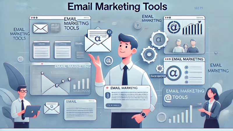 A clean, modern, professional image with a 16:9 aspect ratio featuring the heading 'Email Marketing Tools' in bold, readable text. 