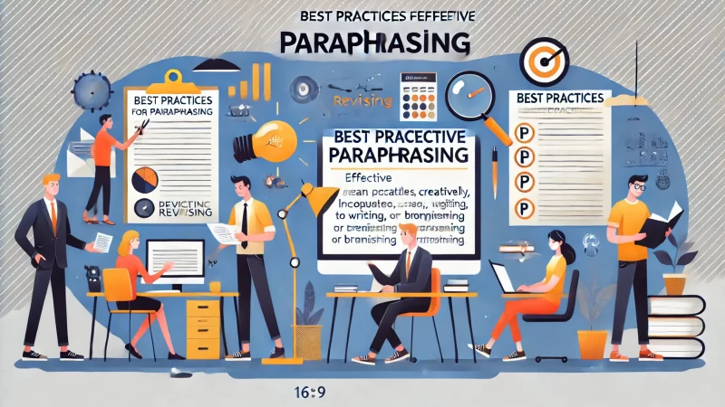 Create a 16:9 aspect ratio image titled 'Best Practices for Effective Paraphrasing.'