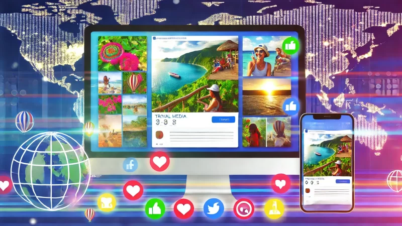 A vibrant and inviting social media dashboard on a computer and smartphone screen, showing travel-related content with high engagement metrics like likes, shares, and comments.