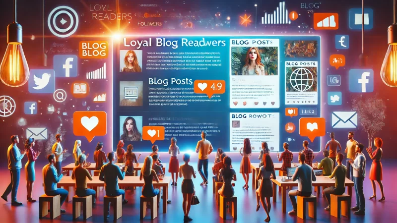 A vibrant scene showing an online community of loyal blog readers and followers, represented as a diverse group of people engaging with content on a large screen or digital board.