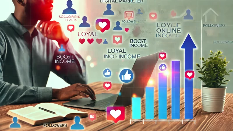 A professional scene showcasing a digital marketer or content creator engaging with a loyal online audience to boost income.