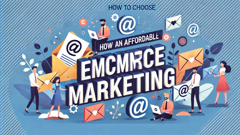 A 16:9 aspect ratio image with a clean, professional color scheme designed to stand out. The headline reads: 'How To Choose An Affordable Ecommerce Email Marketing' in bold, highly readable font, ensuring the word 'Ecommerce' is clear and accurately presented.