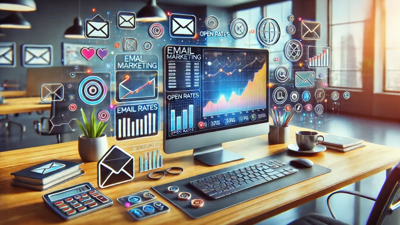 A detailed, vibrant image of a digital workspace focused on email marketing tools.