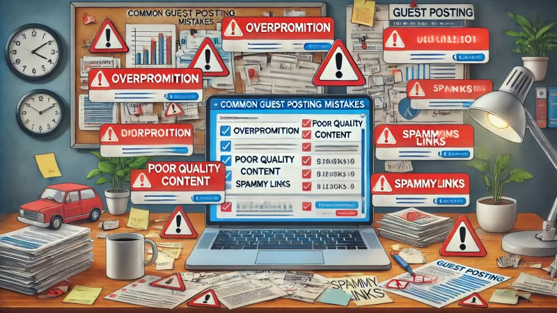 A 16:9 image showing a concept of 'Common Guest Posting Mistakes'.