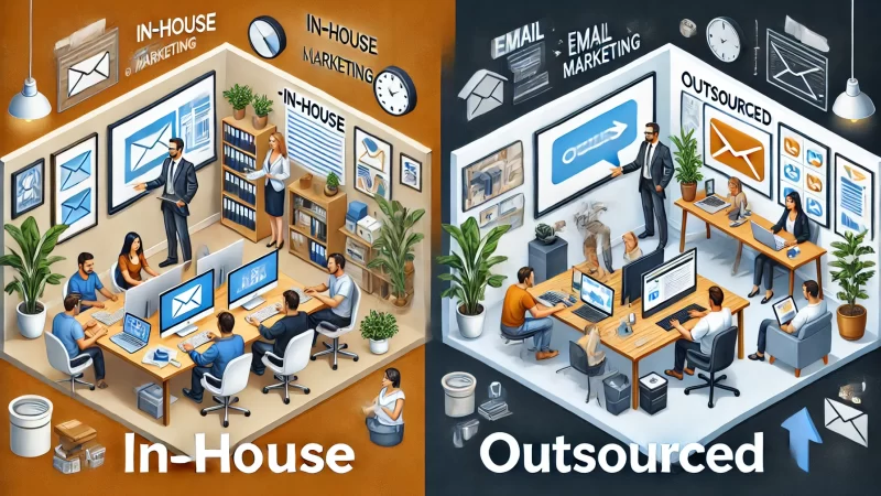 A side-by-side comparison image illustrating In-House vs. Outsourced Email Marketing.