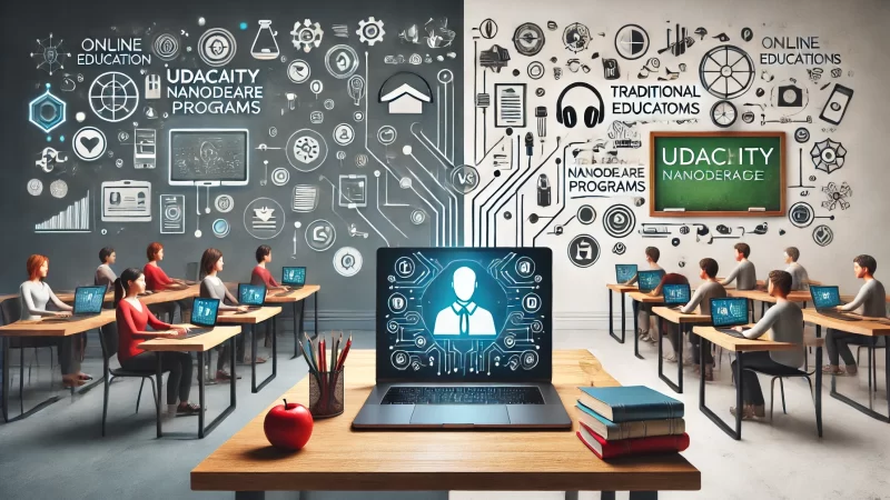 A modern, visually engaging comparison between online education through Udacity Nanodegree programs and traditional education.