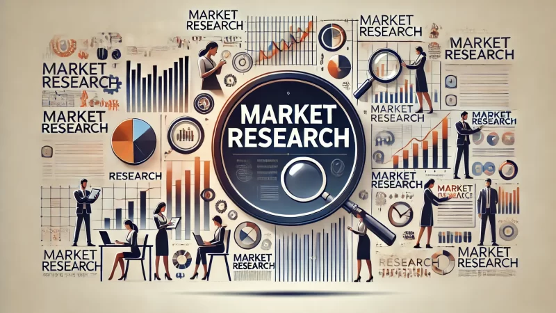 A professional and modern graphic with the heading 'Market Research' in a bold, readable font.