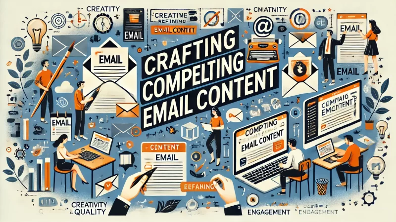 A professional and visually appealing image with a 16:9 aspect ratio titled 'Crafting Compelling Email Content.'