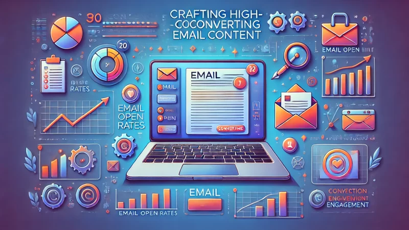 A vibrant 16:9 aspect ratio image illustrating the concept of crafting high-converting email content. 