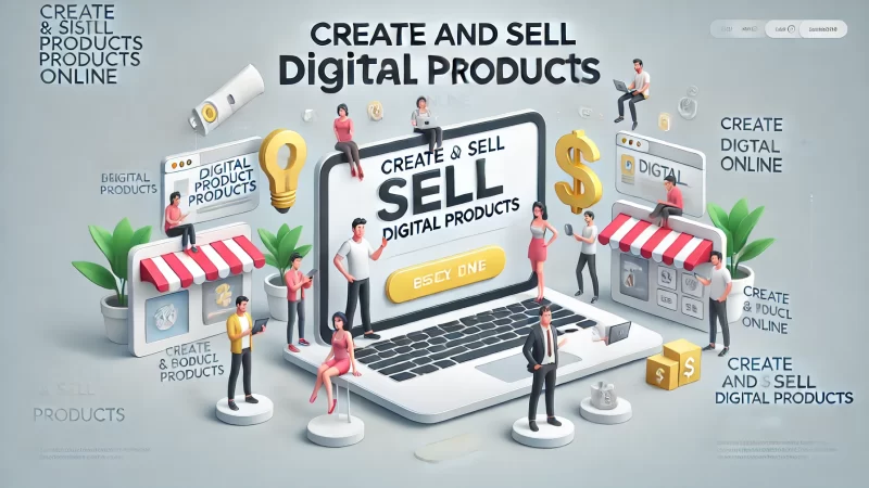 A modern, clean, and professional 16:9 aspect ratio image with the heading text: 'Create And Sell Digital Products Online'.