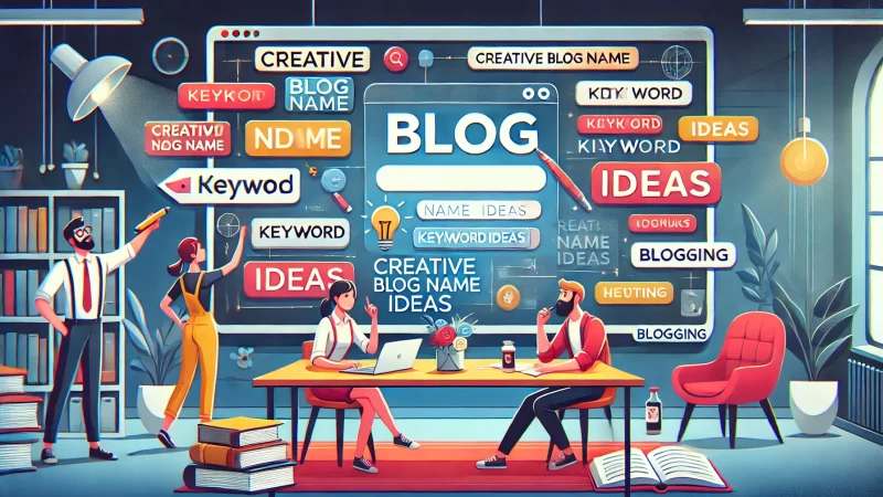 Unique Personal Blog Name Ideas You’ll Love A modern and informative digital illustration with a 16:9 aspect ratio, featuring animated characters brainstorming and discussing creative blog name ideas.