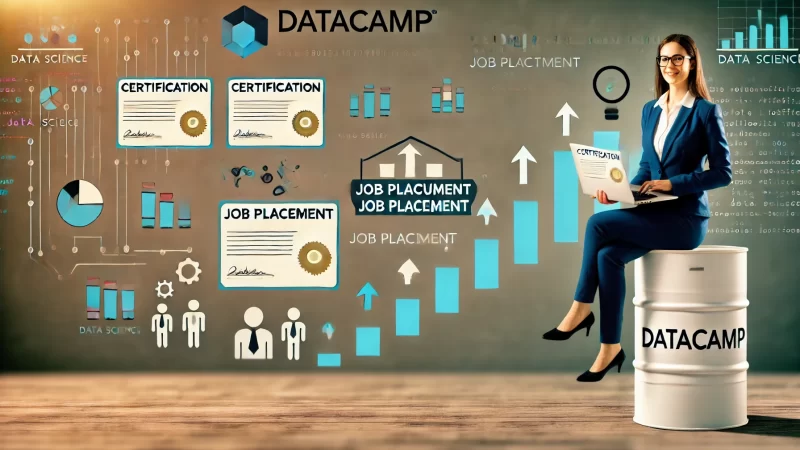 A professional and inspiring image representing DataCamp’s certification and job placement features. 