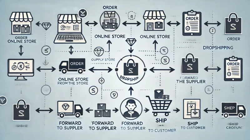 A visually engaging image explaining the concept of dropshipping, showing a supply chain with icons or symbols for an online store, a supplier, and a customer.