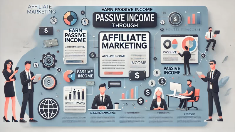 A professional layout for an informational banner on affiliate marketing with a bold heading: 'Earn Passive Income Through Affiliate Marketing.'