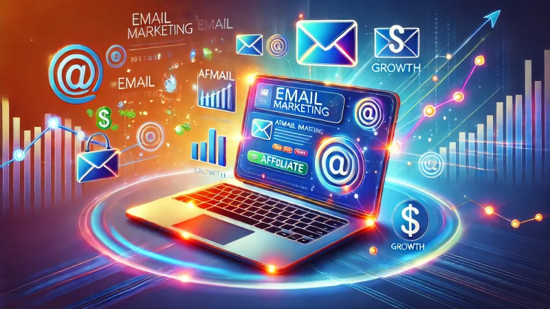 A vibrant digital illustration depicting the concept of using email marketing as a tool for affiliate promotion. 