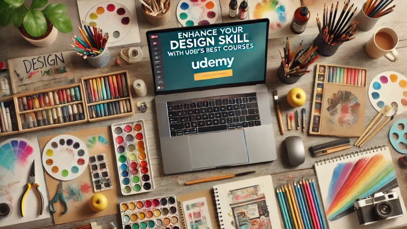 A 16:9 image featuring a creative workspace with a laptop showing Udemy's website focused on design courses.