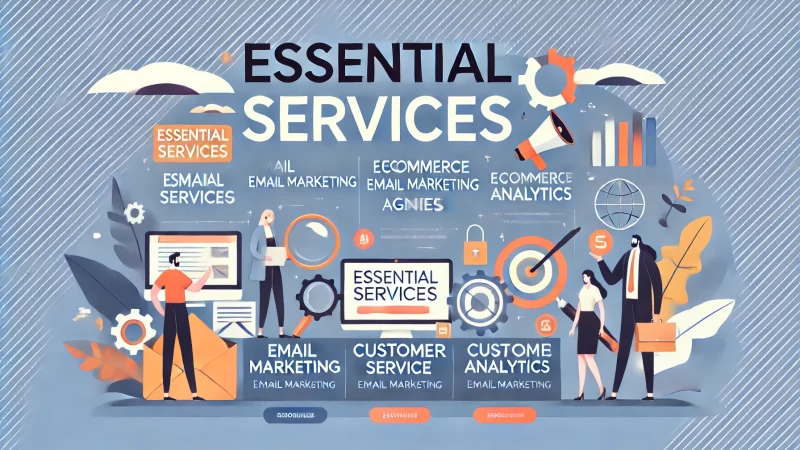 A modern, professional 16:9 aspect ratio image with a clean color scheme, featuring the bold headline 'Essential Services' and subheading 'Essential Services Offered By Ecommerce Email Marketing Agencies.'